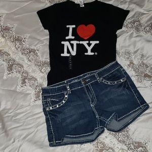 Sequined and crystal embellished denim shorts